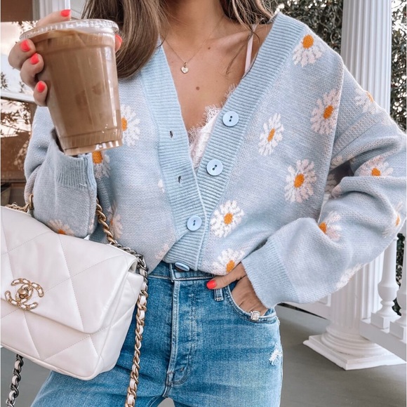 Amazon Sweaters - Oversized Baby Blue Floral Cardigan (fits S/M)